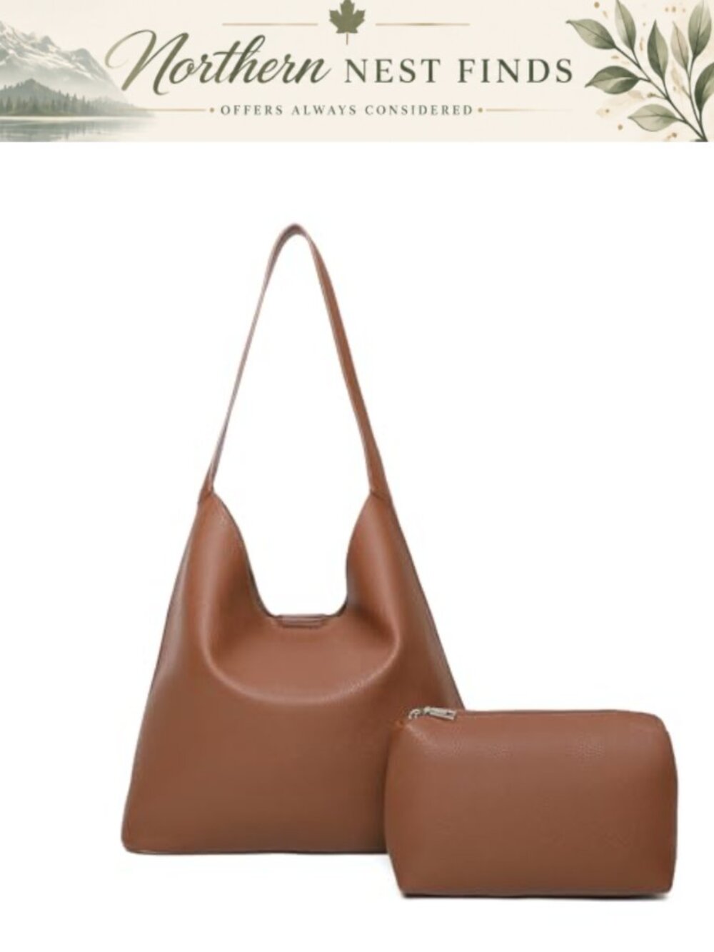 Vegan Leather Hobo Shoulder Bag Slouchy Tote with Pouch